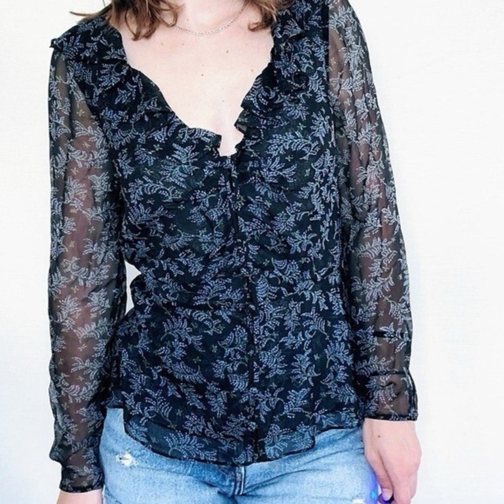 Veronica Beard Floral Print Ruffle Trim High-Low Button Blouse Size 10